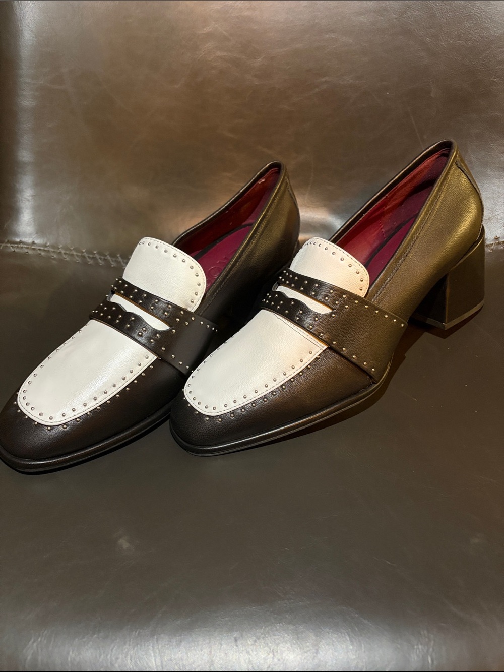 AEROSOLES Black and White Studded Low Block Heel Loafers